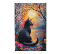 Cafemira Exquisite Wooden Jigsaw Puzzle 1000 Pcs,Black Cat Sitting by Riverside,Surrounded by Lush Greenery and Flowers,Creative Activity Hobbies for Adults,Relax &enjoy the fun of solving
