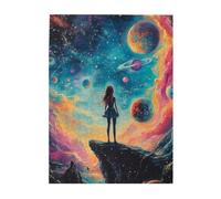 Cafemira Fantasy Wooden Jigsaw Puzzle 500 Pcs,A girl gazing in awe at distant galaxies and stars,Creative Activity Hobbies for Adults,Relieve Stress and Enjoy the Fun of Solving,Relax yourself