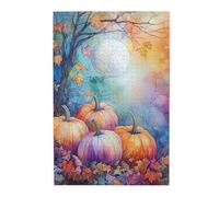 Cafemira Jigsaw Puzzle 1000 Piece,Watercolor Pumpkins Under Moonlight,Dreamy Autumn Night Scene,Adults Wooden puzzles,Every Piece is Unique,Relieve Stress and Enjoy the Fun of Solving