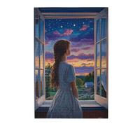 Cafemira Jigsaw Puzzle 1000 Piece,Woman Gazing At Night View From Open Window,Adults Wooden Puzzles,Exercise Your Hands On Skills,Relieve Stress And Enjoy The Fun Of Solving,Every Piece Is Unique