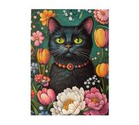 Cafemira Jigsaw Puzzle 500 pcs,Various blooming flowers and black cats,Adults Wooden puzzles,Exercise Hands-on Ability and Thinking Patience,Relax and Enjoy the Fun of Solving,for Animal lovers