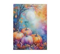 Cafemira Jigsaw Puzzle 500 Piece,Watercolor Pumpkins Under Moonlight,Dreamy Autumn Night Scene,Adults Wooden puzzles,Every Piece is Unique,Relieve Stress and Enjoy the Fun of Solving