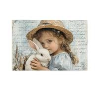 Cafemira Jigsaw Puzzle For Adults Wooden 1000 Piece,A Little Girl Wearing A Straw Hat Holding A White Rabbit,Relieve Stress& Enjoy The Fun Of Solving,Great For Relaxation And Display