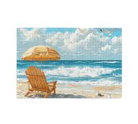 Cafemira Jigsaw Puzzle Wooden 1000 Pcs For Adult,Beach Scenerocking Chair Under Sunshade On Sandy Shore,Relax And Enjoy The Fun Of Solving,Exploratory Hobbies And Challenges