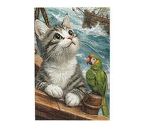 Cafemira Jigsaw Puzzle Wooden 1000 Pcs For Adult,Cat Watching Green Parrot On Ancient Ship Deck,Relax And Enjoy The Fun Of Solving,Exploratory Hobbies And Challenges,Complete With Family Friends