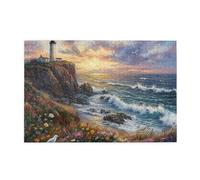 Cafemira Jigsaw Puzzle Wooden 1000 Pcs For Adult,Sunset At Coastal Lighthouse,Golden Hour Over Ocean Waves,Relax And Enjoy The Fun Of Solving,Hands On Assembly Of Your Home Decor Wall Art