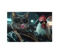 Cafemira Jigsaw Puzzle Wooden 1000 Pcs For Adult,Surrealist Anthropomorphism Of Animals, Mr. Cat And Rooster,Relax And Enjoy The Fun Of Solving,Hands On Assembly Of Your Home Decor Wall Art