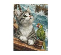 Cafemira Jigsaw Puzzle Wooden 500 Pcs for Adult,Cat Watching Green Parrot on Ancient Ship Deck,Relax and Enjoy the Fun of Solving,Exploratory hobbies and challenges,Complete with family friends