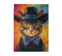 Cafemira Jigsaw Puzzle Wooden 500 Pcs for Adult,Stylish Cat in Hat,Fashion Portrait,Relax and Enjoy the Fun of Solving,Exploratory hobbies and challenges,Complete with family friends