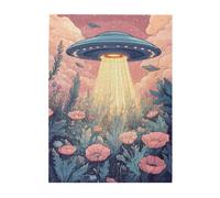 Cafemira Jigsaw Puzzle Wooden 500 Pcs,UFO Hovering Over Flower-Filled Meadow,Creative Activity Hobbies for Adults,Exercise Hands on Skills & Thinking,Brain Challenge,Complete with family