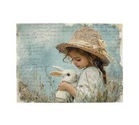 Cafemira Nostalgic Retro Adults Wooden Jigsaw Puzzle 500 Pieces,A Little Girl Wearing A Straw Hat Holding A White Rabbit,Relieve Stress Enjoy The Fun Of Solving,Exercise Your Hands On Skills