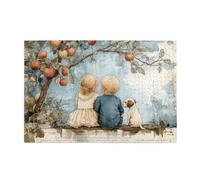Cafemira Nostalgic Retro Wooden Adult Jigsaw Puzzle 1000 Pcs,Two Children And Puppy Sitting Under Tree,Brainstorming For Stress Relief,Use Your Imagination To The Fullest,Challenge To Yourself