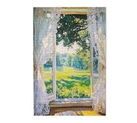 Cafemira Oil Painting 1000 Pcs Jigsaw Puzzle Wooden For Adult,Sunlit Window With Flowing White Lace Curtains Serene View,Relax And Enjoy The Fun Of Solving,Challenging Brain Exercise