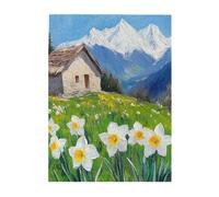 Cafemira Oil Painting Wooden jigsaw Puzzle for Adults 500 Piece,Artistic Valley ViewRustic Lodge in Flower Field,Relieve Stress& Enjoy the Fun of Solving,Great for Relaxation and Display