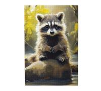 Cafemira Painted Oil Adults Wooden Jigsaw Puzzle 1000 Pieces,Cute Raccoon Sitting By The River,Relieve Stress And Enjoy The Fun Of Solving,Exercise Hands On Skills & Thinking,Gift For Friend