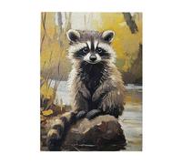 Cafemira painted oil Wooden Adult Jigsaw Puzzle 500 Pcs,cute raccoon sitting by the river,Exercise your hands on skills,Relax and Enjoy the Fun of Solving,Complete with family friends