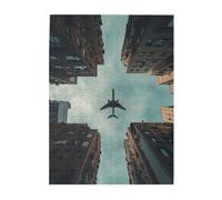 Cafemira plane flying between tall buildings,Modern art Wooden jigsaw Puzzle 500 Pieces for Adults,Brainstorming for Stress Relief,Hands on assembly of your home decor wall art,Stunning Artwork