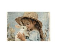 Cafemira Retro Wooden Adult Jigsaw Puzzle 1000 Pcs,A Little Girl Wearing A Straw Hat Holding A White Rabbit,Brainstorming For Stress Relief,Every Piece Is Unique,Ideal For Relaxation & Family Fun