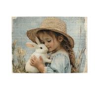 Cafemira Retro Wooden Adult Jigsaw Puzzle 500 Pcs,A Little Girl Wearing A Straw Hat Holding A White Rabbit,Brainstorming For Stress Relief,Every Piece Is Unique,Ideal For Relaxation & Family Fun
