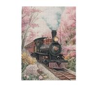 Cafemira Steam Train Through Blooming Garden,Wooden Jigsaw Puzzle 500 pcs for Adults,Every Piece is Unique,Exercise Hands-on Ability and Thinking Patience,Complete with family friends