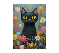 Cafemira The black cat among the flowers,Wooden animals Jigsaw Puzzle 500 Piece,Brainstorming for Stress Relief,Creative Play & Holiday Party Gifts Artwork Wall Home Decor,gift for cats lover