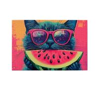 Cafemira The Cat Wearing Sunglasses Is Eating Watermelon,1000 Pcs Jigsaw Puzzle Wooden For Adult,Relax And Enjoy The Fun Of Solving,Exercise Hands On Skills And Thinking,Stunning Artwork