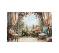 Cafemira Vintage Wooden Adult Jigsaw Puzzle 1000 Pcs,Luxurious Room With Blooming Garden View Through Arched Window,Exercise Your Hands On Skills,Relax And Enjoy The Fun Of Solving