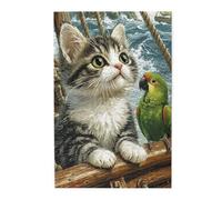 Cafemira Wooden Jigsaw Puzzle 1000 Pcs,Cat Watching Green Parrot On Ancient Ship Deck,Relieve Stress And Enjoy The Fun Of Solving,Every Piece Is Unique,Creative Activity Hobbies For Adults