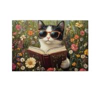 Cafemira Wooden Jigsaw Puzzle 1000 pcs for Adult,Cool Cat in Sunglasses Reading Among Flowers,Relieve Stress and Enjoy the Fun of Solving Puzzles,Ideal for Relaxation and Family Fun