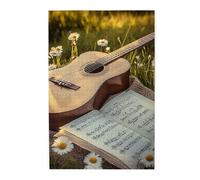 Cafemira Wooden Jigsaw Puzzle 1000 Pcs For Adults,Guitar On Sunlit Meadow With Scattered Sheet Music,Relieve Stress And Enjoy The Fun Of Solving,Gift For Music Lovers,Stunning Artwork