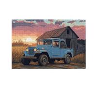 Cafemira Wooden Jigsaw Puzzle 1000 Pcs,Rustic Countryside With Vintage Car At Sunset,Relieve Stress And Enjoy The Fun Of Solving,Creative Activity Hobbies For Adults,Ideal For Relaxation