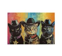 Cafemira Wooden Jigsaw Puzzle 1000 Pcs,Sheriff Cats With Cowboy Hat On Colorful Background,Creative Activity Hobbies For Adults,Relieve Stress And Enjoy The Fun Of Solving,Complete With Family