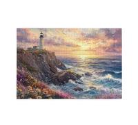 Cafemira Wooden Jigsaw Puzzle 1000 Pcs,Sunset At Coastal Lighthouse,Golden Hour Over Ocean Waves,For Adults,Relieve Stress And Enjoy The Fun Of Solving,Brainstorming For Stress Relief