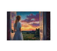 Cafemira Wooden Jigsaw Puzzle 1000 pcs,Woman Gazing at Night View from Open Window,Adult puzzles game,Exercise your hands on skills,Brainstorming for Stress Relief,Every Piece is Unique