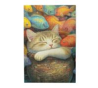 Cafemira Wooden Jigsaw Puzzle 1000 Piece,a cat is sleeping in the middle of many colorful fishe,Creative Activity Hobbies for Adults,Pieces Fit Together Perfectly,Stress relieving pleasure