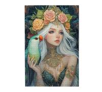 Cafemira Wooden jigsaw Puzzle 1000 Pieces for Adults,Beautiful Woman with Flower Crown and Colorful Parrot,Relieve Stress and Enjoy the Fun of Solving Puzzles,Great for Relaxation and Display