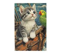 Cafemira Wooden Jigsaw Puzzle 1000 Pieces For Adults,Cat Watching Green Parrot On Ancient Ship Deck,Relax Enjoy The Fun Of Solving,Exercise Your Hands On Skills,Complete With Family And Friends