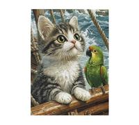 Cafemira Wooden Jigsaw Puzzle 500 Pcs,Cat Watching Green Parrot on Ancient Ship Deck,relieve stress and enjoy the fun of solving,Every Piece is Unique,Creative Activity Hobbies for Adults