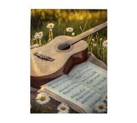 Cafemira Wooden Jigsaw Puzzle 500 Pcs for Adults,Guitar on Sunlit Meadow with Scattered Sheet Music,Relieve Stress and Enjoy the Fun of Solving,gift for music lovers,Stunning Artwork