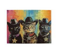 Cafemira Wooden Jigsaw Puzzle 500 Pcs,Sheriff Cats With Cowboy Hat On Colorful Background,Creative Activity Hobbies For Adults,Relieve Stress And Enjoy The Fun Of Solving,Complete With Family