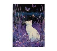 Cafemira Wooden jigsaw Puzzle 500 pcs,White Cat in Lavender Field,Relieve Stress &Enjoy the Fun of Solving,Creative Activity Hobbies for Adults,Complete with family friends,gift for animal lover