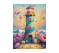 Cafemira Wooden Jigsaw Puzzle 500 Piece for Adult,Colorful fairytale like lighthouse,Whimsical Coastal Fantasy Scene,Relax and Enjoy the Fun of Solving,Exercise your hands on skills