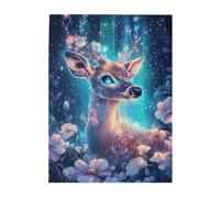 Cafemira Wooden Jigsaw Puzzle 500 Piece for Adult,Majestic Deer Under Starry Sky Surrounded by Flowers,Relieve stress and enjoy the fun of solving,Let your imagination run wild,for animal lovers