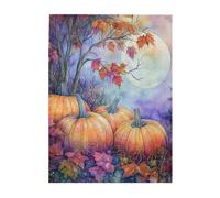 Cafemira Wooden Jigsaw Puzzle 500 Piece for Adult,Watercolor Pumpkins Under Moonlight,Dreamy Autumn Night Scene,Exercise Hands on Skills and Thinking,Relax and Enjoy the Fun of Solving Puzzles