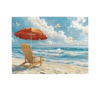Cafemira Wooden Jigsaw Puzzle 500 Pieces For Adults,Beach Scenerocking Chair Under Sunshade On Sandy Shore,Relax Enjoy The Fun Of Solving,Exercise Your Hands On Skills,Complete With Family