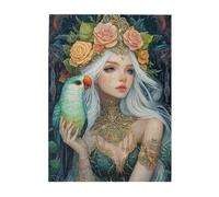 Cafemira Wooden Jigsaw Puzzle 500 Pieces For Adults,Beautiful Woman With Flower Crown And Colorful Parrot,Relieve Stress And Enjoy The Fun Of Solving Puzzles,Great For Relaxation And Display