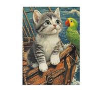 Cafemira Wooden jigsaw Puzzle 500 Pieces for Adults,Cat Watching Green Parrot on Ancient Ship Deck,Relax enjoy the fun of solving,Exercise your hands on skills,Complete with family and friends