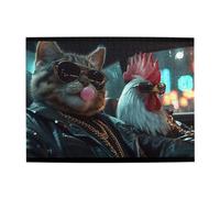 Cafemira Wooden Jigsaw Puzzle 500 Pieces For Adults,Cool Rooster & Cat Wearing Sunglasses,Surrealist Anthropomorphism Of Animals,Relax Enjoy The Fun Of Solving,Exercise Your Hands On Skills