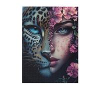 Cafemira Wooden jigsaw Puzzle 500 Pieces for Adults,One with a leopard face,the other with a woman's face,Great for Relaxation and Display,Exercise your hands on skills,Stress relieving pleasure