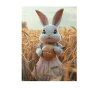 Cafemira Wooden jigsaw Puzzle 500 Pieces for Adults,Rabbit Holding Bread in Golden Wheat Field,Whimsical Harvest Scene,Relax and enjoy the fun of solving,Exercise Hands on Skills and Thinking